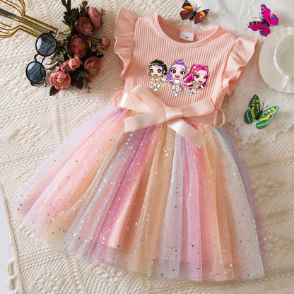 K-Pop Hunters Zoey Mira Rumi Girls Flying Sleeves Bow Sequin Dress Kids Baby Girl Birthday Party Fluffy Tutu Princess Dress 1-5Y