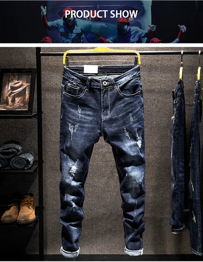 2025 New Ripped Jeans Men Slim-fit Denim Pants Cotton Korean Style Fashion Elasticity Versatile Blue Black Men's Clothing