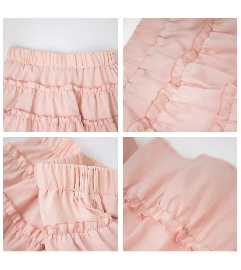 Elegant pink mini dress new summer thin style French ballet design cake skirt lace edge WOMEN'S JK skirt