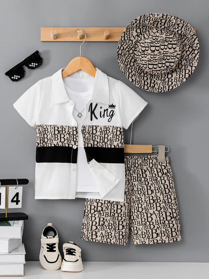 Boys Vacation King Print 3Pcs Set, Short Sleeve Shirt + Shorts + Bucket Hat, Summer Wear for Kids 3-12Y