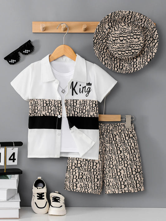 Boys Vacation King Print 3Pcs Set, Short Sleeve Shirt + Shorts + Bucket Hat, Summer Wear for Kids 3-12Y