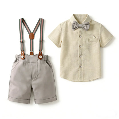 Kids Clothes Set Toddler Boys Gentleman Suit Khaki Short Sleeve Shirt with Bow Tie Shorts Formal Outfit Wedding Birthday Party