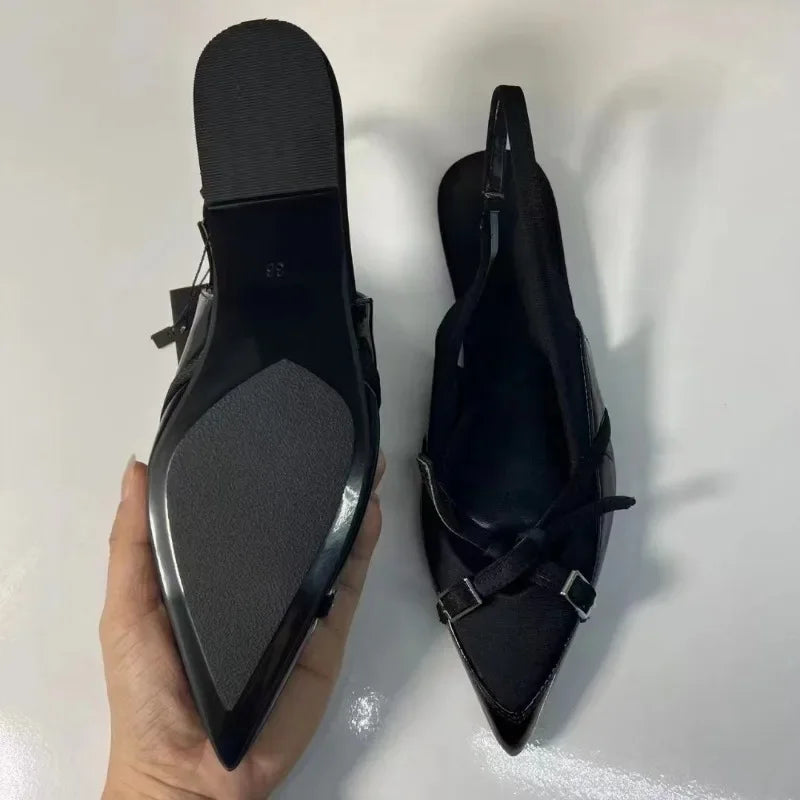 High Quality Women Flat Sandals Cross Strap Buckle Trend Black Office Lady Shoes Pointed Toe Luxury Designer Summer Footwear