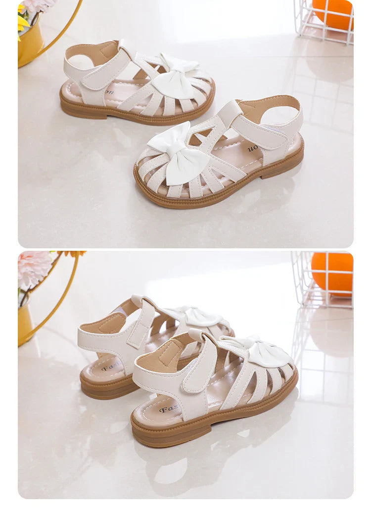 Cute Girls Sandals Bow Peep-toe 2023 New Soft Hook & Loop Beige Kids Princess Shoes Casual Shoes PU Cute Children Shoes Non-slip