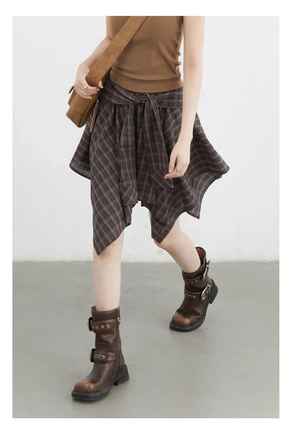 Women Skirts A Line Elastic Waist Strap Ties Irregular Plaid Half Length Skirt Female Short Skirt Woman Summer 2025