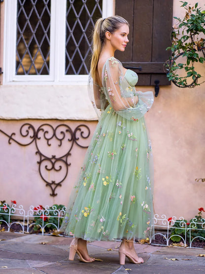 Sweetheart Embroidery Prom Dress Women A Line Tea-Length Green Tulle Puff Sleeves Floral Corset Midi Formal Evening Party Gowns
