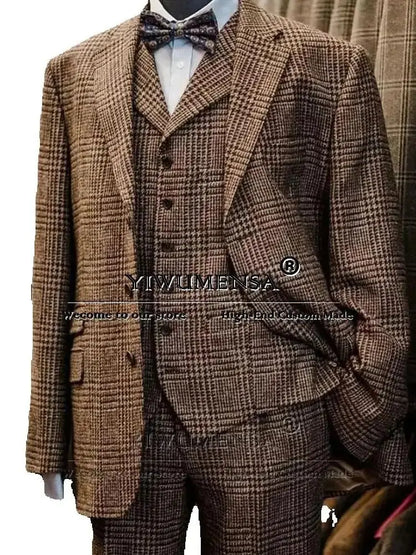 Elegant Business Suits Men 3 Pieces Formal Party Houndstooth Wool Blazers Customized Man Banquet Groom Wedding Tuxedos British