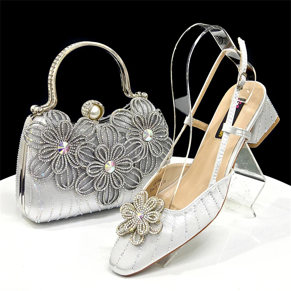 Novos Scarpins e Bolsa Italianos Para Festa 2026 Estilo INS Bico Fino Salto Alto Elegante Strass Verde Cunhado Feminino
