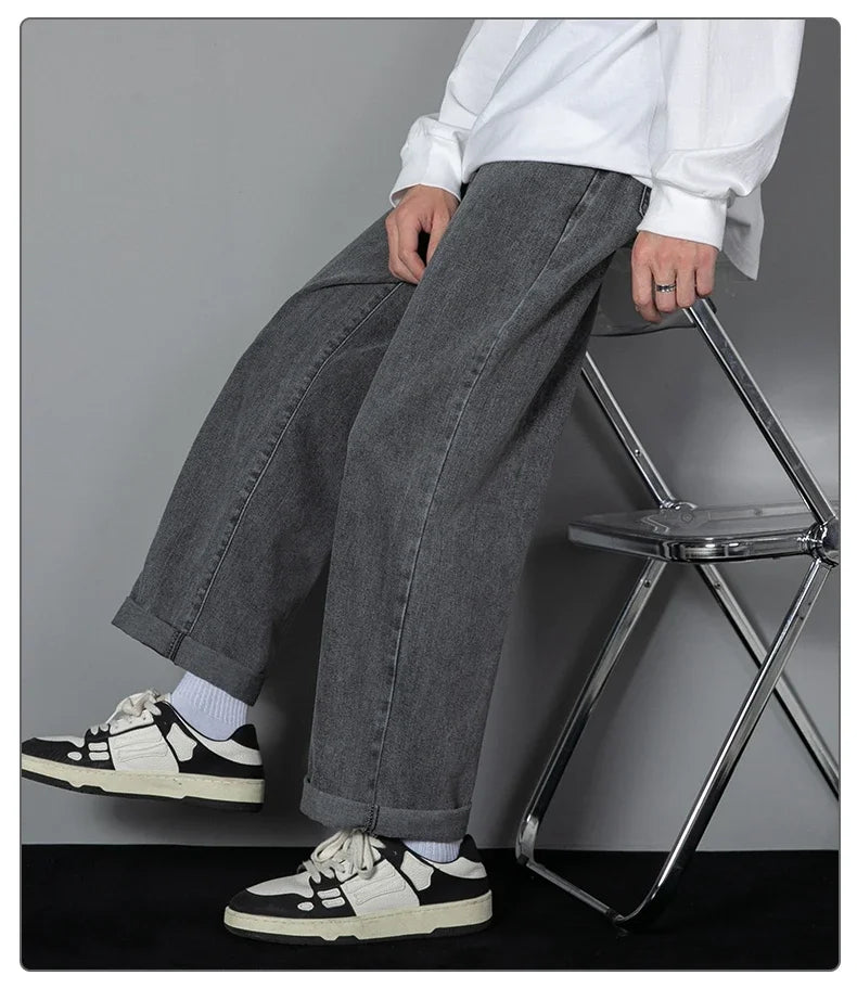 2026 New Korean Men's Casual Long Jeans Classic Man Straight Denim Wide-leg Pants Solid Color Light Blue Black 3XL Cargo Jean