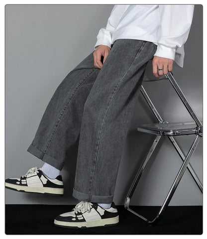 2026 New Korean Men's Casual Long Jeans Classic Man Straight Denim Wide-leg Pants Solid Color Light Blue Black 3XL Cargo Jean