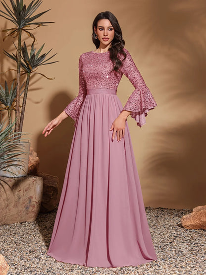 Round neck, sequined trumpet sleeves, spliced chiffon hem, elegant retro dress
