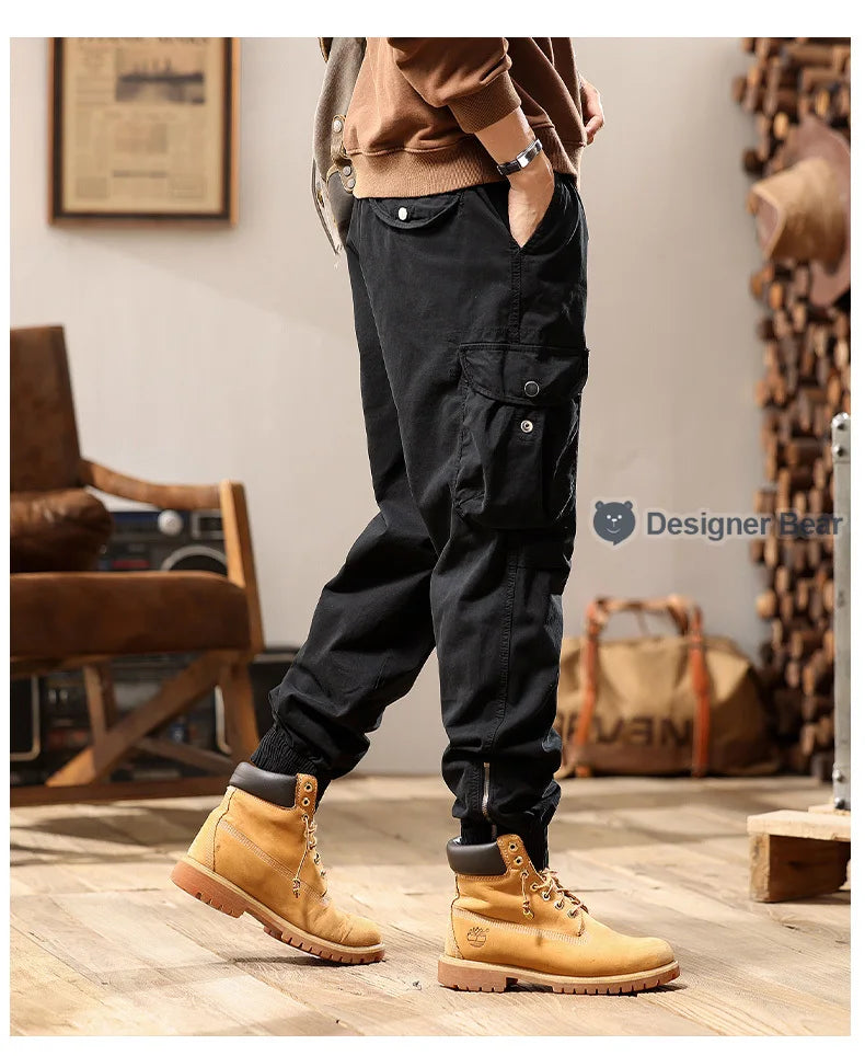 Brand Clothing 2026 Spring Summer Men's Baggy Cargo Pants Multi-Pocket Work Joggers Casual Cotton Tapered Trousers Long Pants
