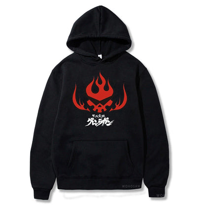 Anime Tengen Toppa Gurren Lagann Letter Hoodies Harajuku Flaming Skull Red Graphic Autumn Winter Warm Patchwork Sweatshirts