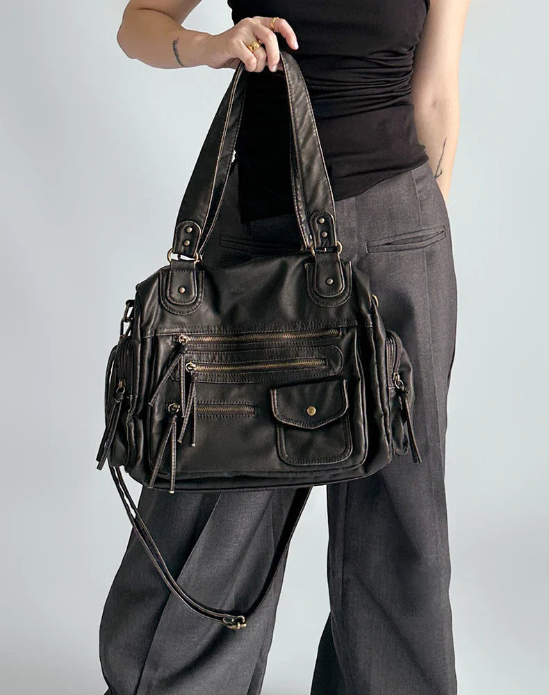 Y2K Hot Women's Punk Biker Tote Bag Large Capacity PU Leather Crossbody Purse with Multi Pockets for Work Commute Moto Style