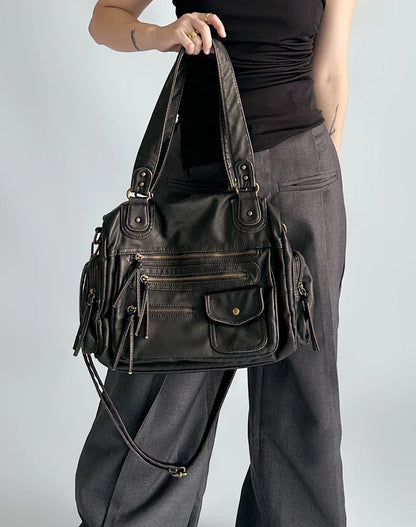 Y2K Hot Women's Punk Biker Tote Bag Large Capacity PU Leather Crossbody Purse with Multi Pockets for Work Commute Moto Style