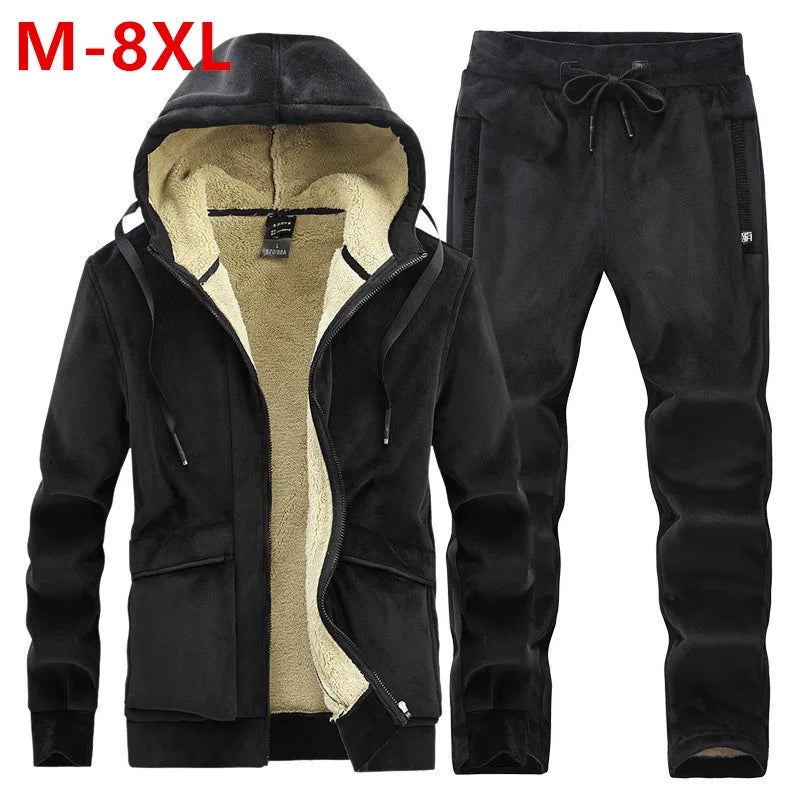 Mens Fleece Warm Tracksuit Male Winter Warm Hooded Fashion Sets Mens Hoodies + Pants Sportswear Sets WinterThick Set