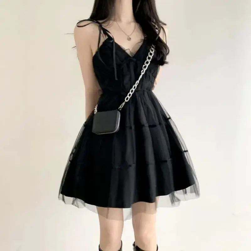 Y2k Black Mesh Women's Ball Gown Dresses 2025 New Sleeveless Strapless V-neck Party Sexy Mini Dress for Womens