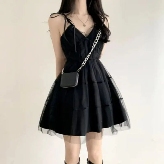 Y2k Black Mesh Women's Ball Gown Dresses 2025 New Sleeveless Strapless V-neck Party Sexy Mini Dress for Womens