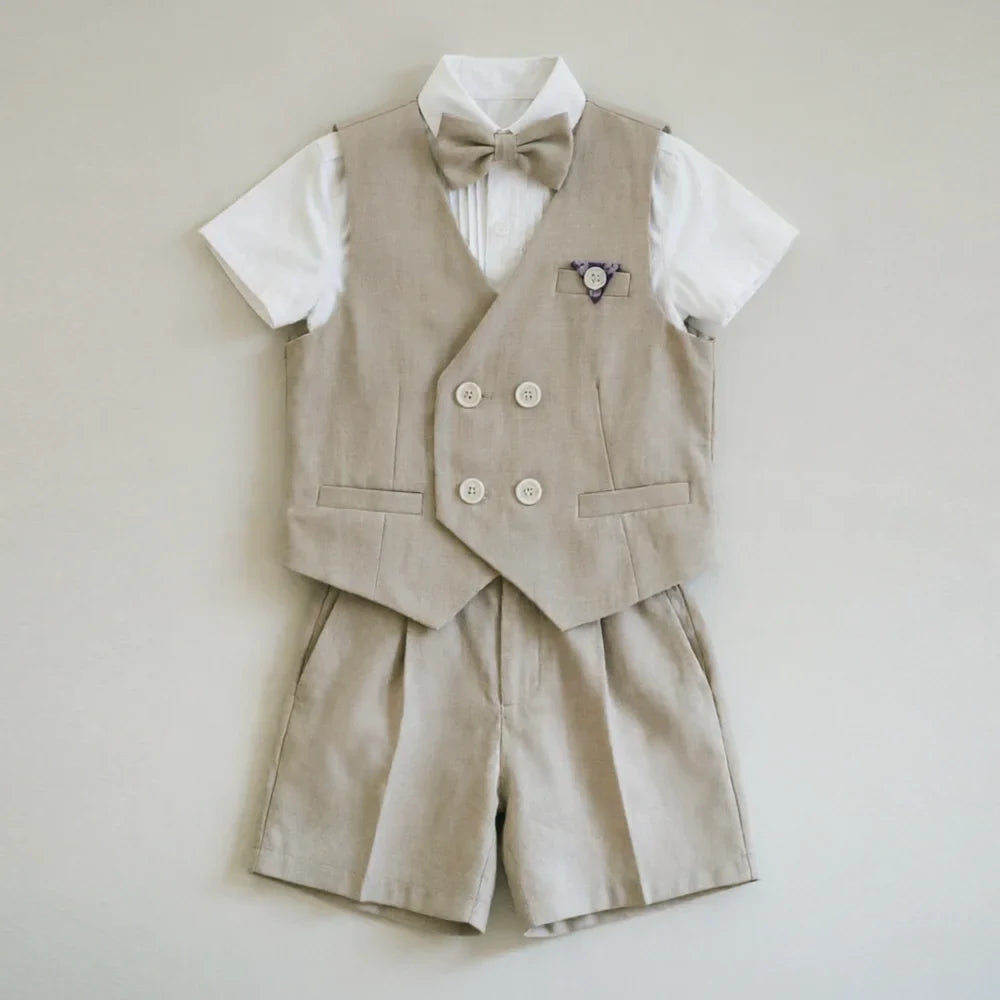 Summer Kids Boy Linen Suit Set Double Breasted Vest Shorts Bowtie for Ring Bearer Flower Boys Toddler Gentleman Outfit Clothes