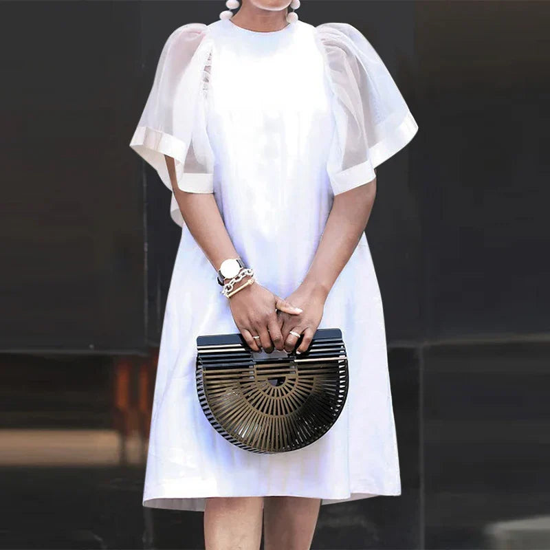Women Vintage Vestidos Solid Mesh Patchwork Sundress Casual Summer Mini Dress Party Ruffle Short Sleeve Loose Dresses