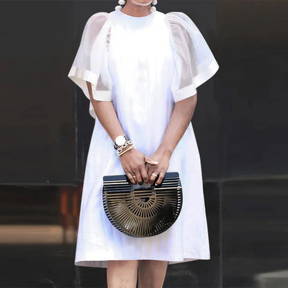 Women Vintage Vestidos Solid Mesh Patchwork Sundress Casual Summer Mini Dress Party Ruffle Short Sleeve Loose Dresses