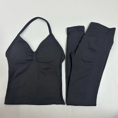 Set of 2 pieces of women's yoga mesh, sleeveless tops with open back, high-waisted gym suit, fitness clothing, yoga set