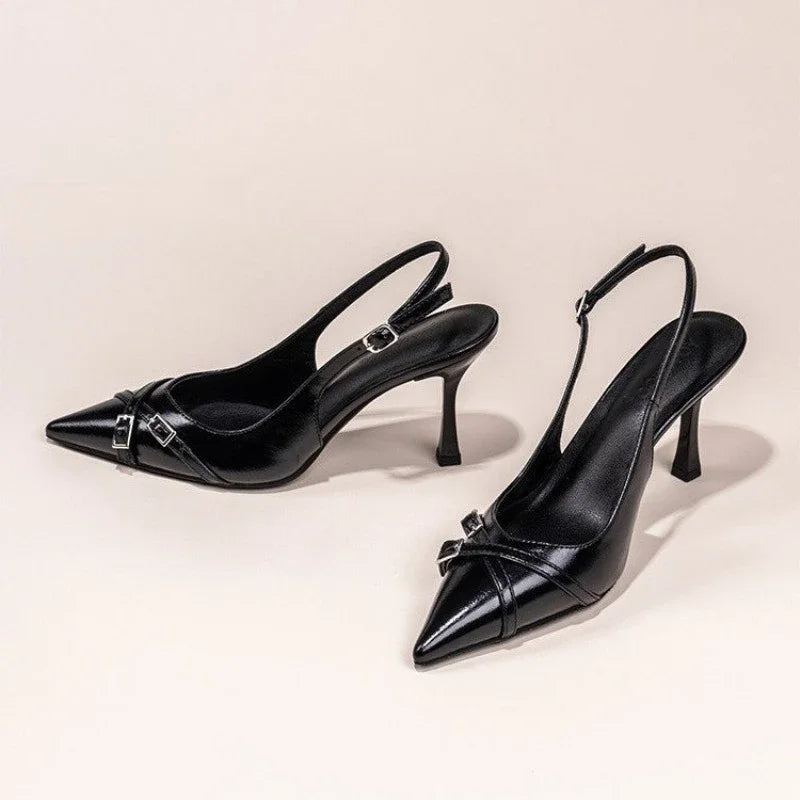 Sapatos de Salto Agulha Elegantes com Fivela, Bico Fino, Boca Rasa, para o Verão, Sapatos Femininos Pretos NO:602