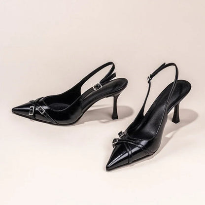Sapatos de Salto Agulha Elegantes com Fivela, Bico Fino, Boca Rasa, para o Verão, Sapatos Femininos Pretos NO:602