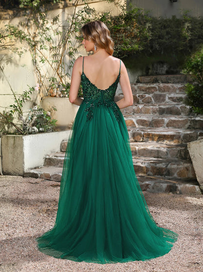 Sequins Lace Green Tulle Prom Dresses 2025 Sexy Spaghetti Straps Side Slit Evening Dress for Wedding Guest Party Dress