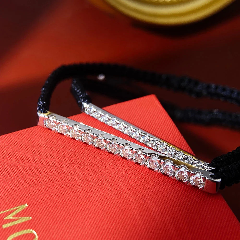 2/3mm Full Moissanite Bracelet for Women S925 Silver Lab Diamond Adjustable Braided Rope Chain Party Fine Jewelry Gift