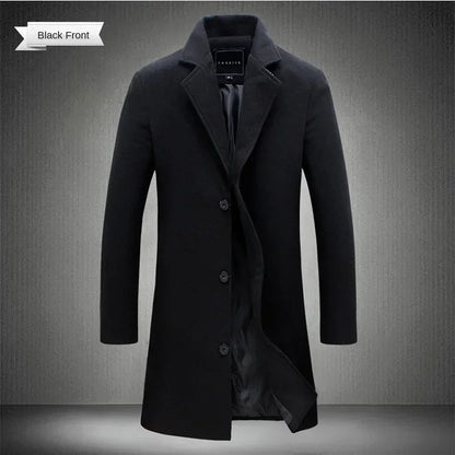 Men Long Cotton Coat 2025 Autumn Winter Wool Blend Pure Color Business Casual Slim Fit Windbreaker Jacket Fashion Men Clothing