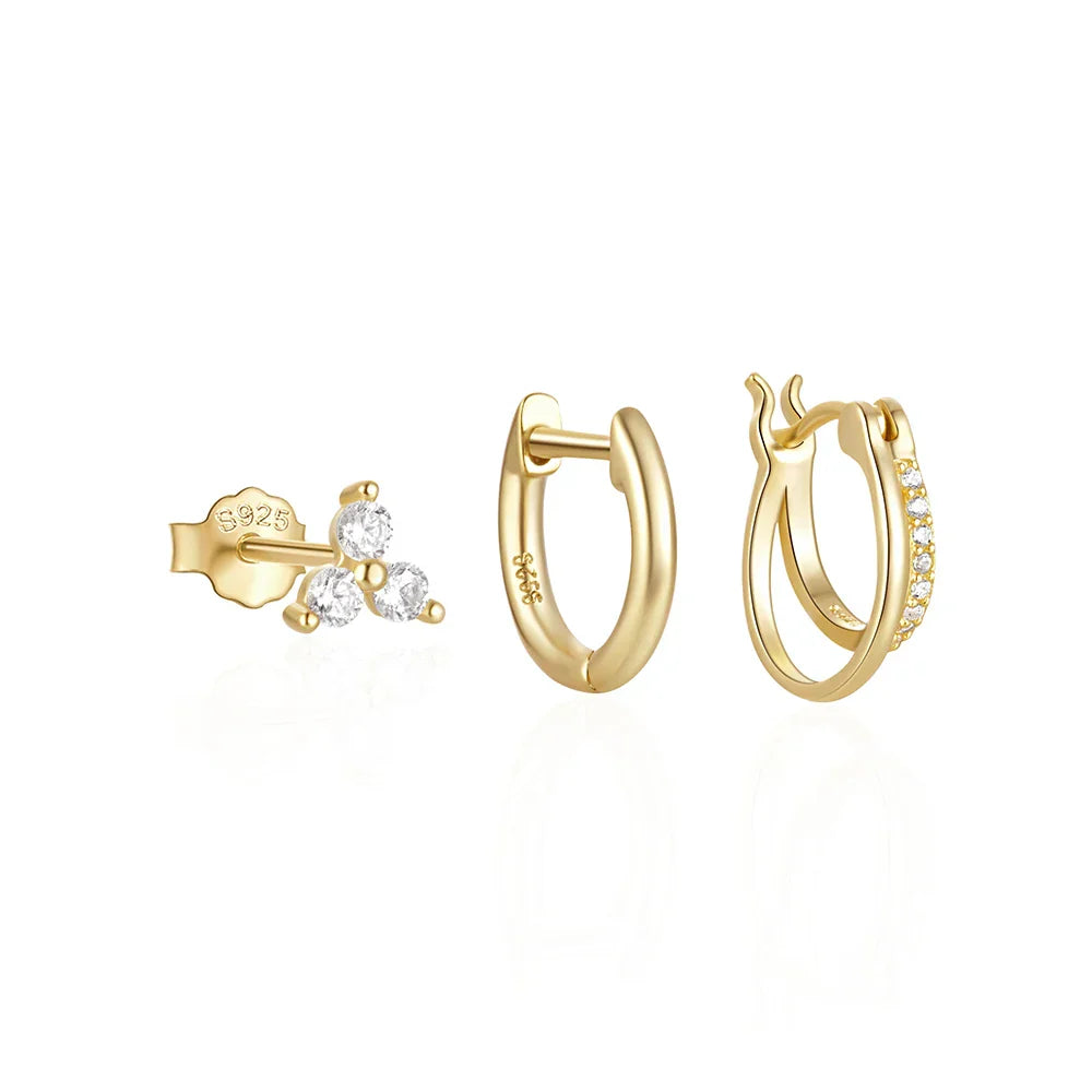925 Sterling Silver 3PCS Zircon Double Layer Hoop Earrings For Women Minimalism Ins Earrings Fine Jewelry Party Gift