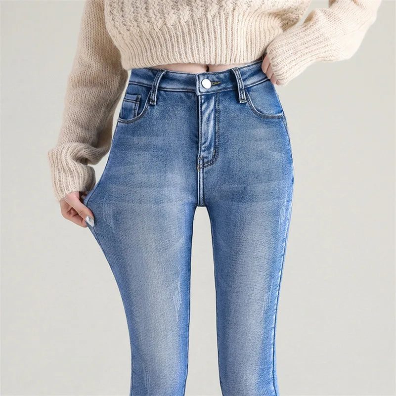 Women Thermal Jeans Winter Snow Warm Plush Stretch Jeans Lady Skinny Thicken Fleece Denim Long Pants Retro Blue Pencil Trousers