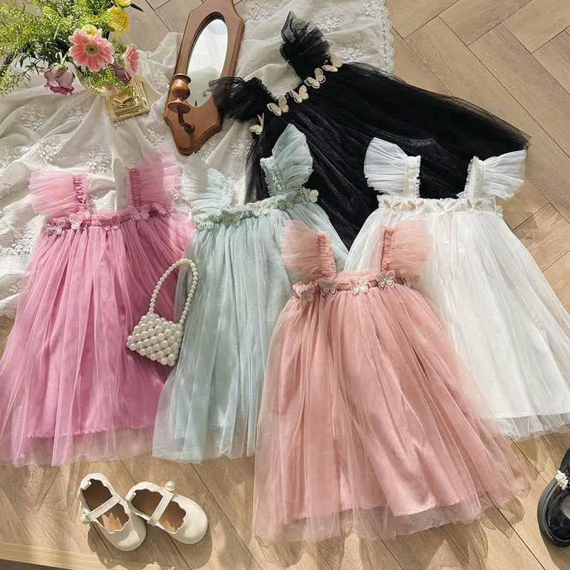 Summer Kids Sweet Mesh Dress Girls 5 Colors Suspended 3D Butterfly Skirt Children Tutu Princess Dress