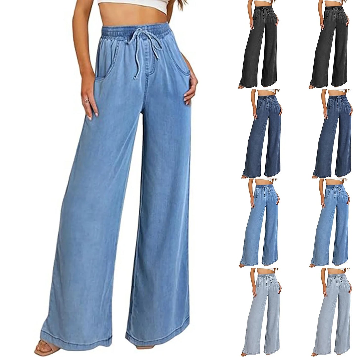 Women summer loose straight jeans drawstring pocket Sweatpants