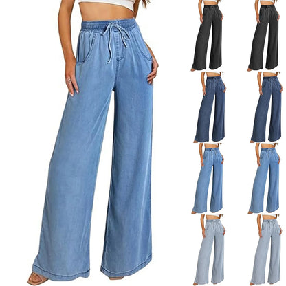 Women summer loose straight jeans drawstring pocket Sweatpants