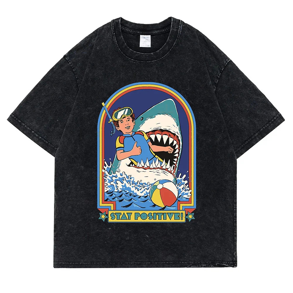 Stay Positive Printing Washed Retro Snow Mens T-Shirt Cotton Loose Tees Cotton Oversize Streetwear Breathable Tshirt Couple