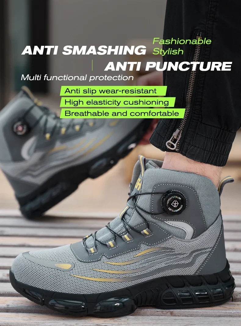 Men's Safety Shoes High Top Work Safety Shoes Steel Toe Sneakers Rotation Button Anti-smash Antipuncture Steel  Safety Boots