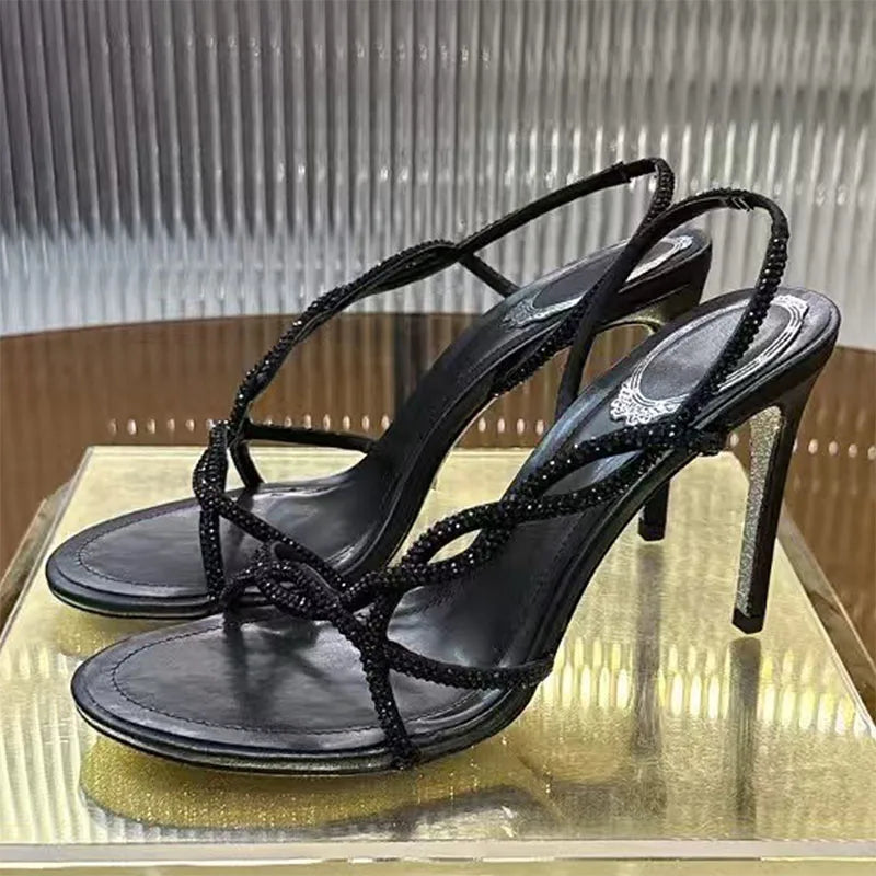 Bling Crystal Studded Thin Heels Sandals Woman Rhinestone Cross-tied High Heels Banquet Shoes Summer Stiletto Sandalias Women