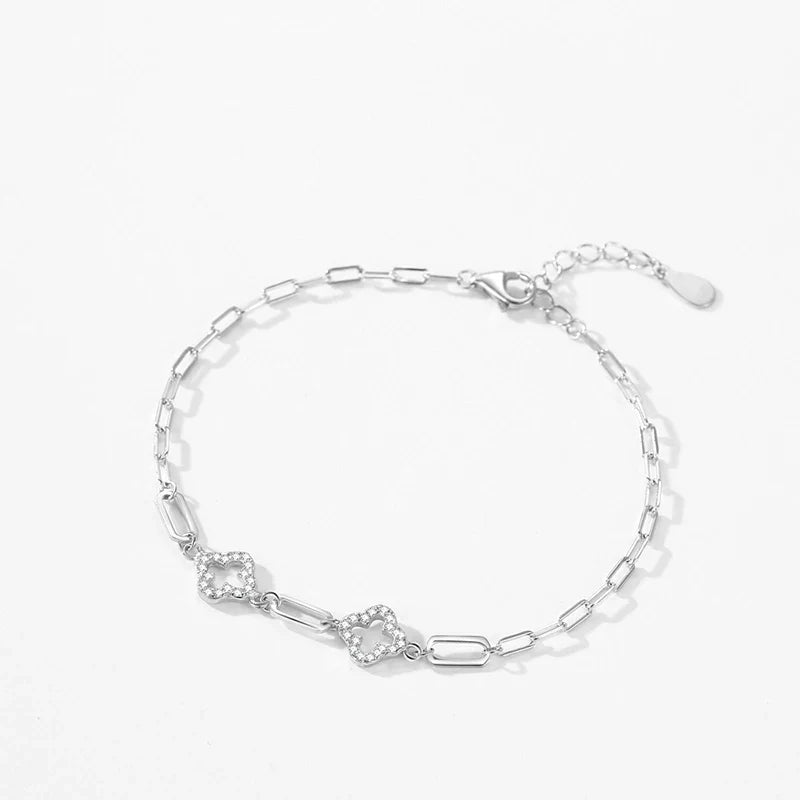 Real 925 Sterling Silver Charm Lucky Grass Cubic Zirconia Adjustable Bracelet For Women Classic Wedding Statement Jewelry