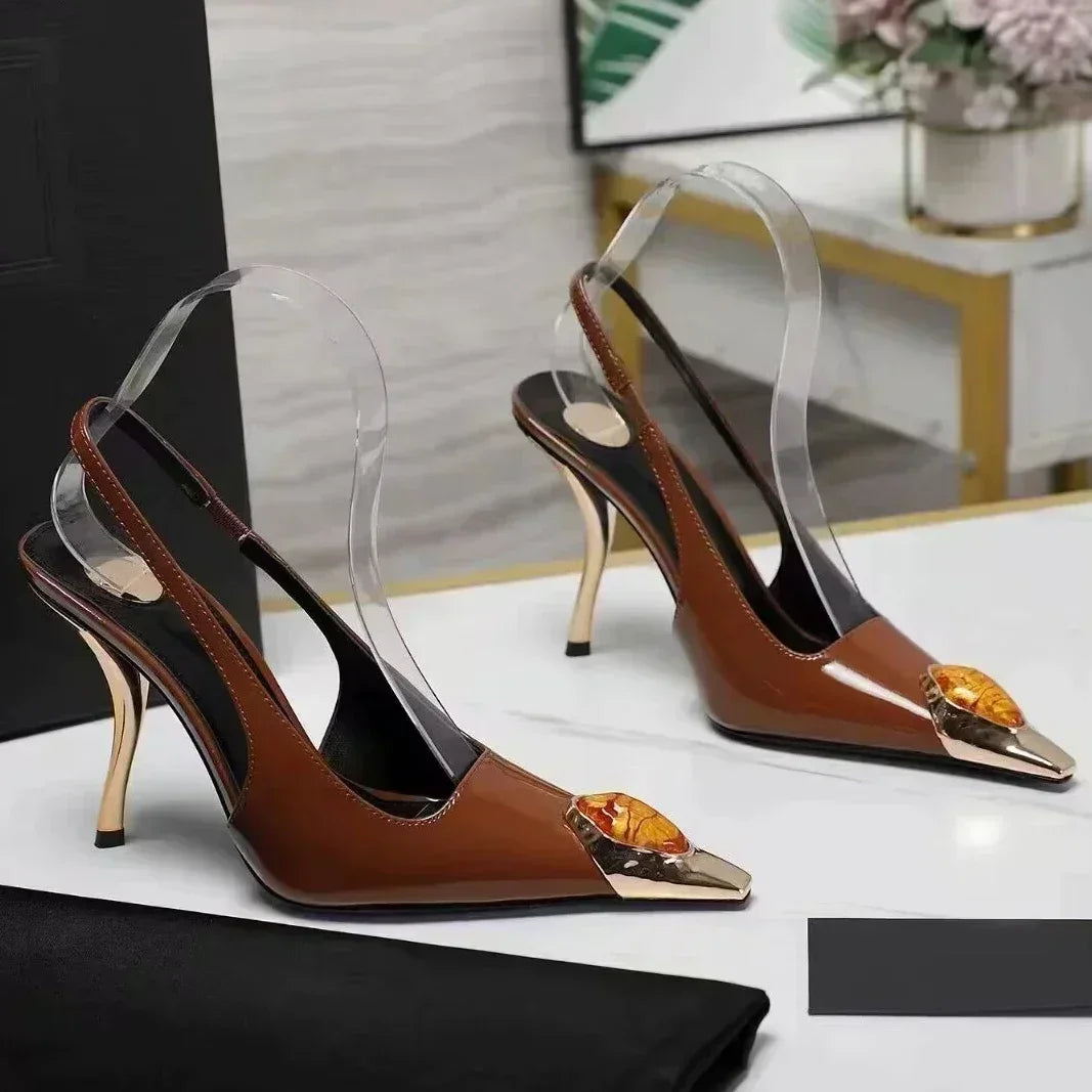 Luxury Metal Jewel Decoration Heels Women 2025 Sexy Pointed Toe Patent Leather Women Pumps Elegant Banquet High Heeled Sandals
