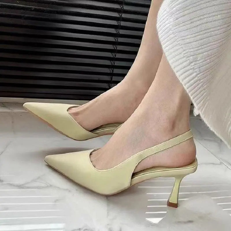 Summer 2026 Pointed Toe Single Shoes Women's Fashionable High Heels with Back Strap Slip-On Casual Style Leather Sandals