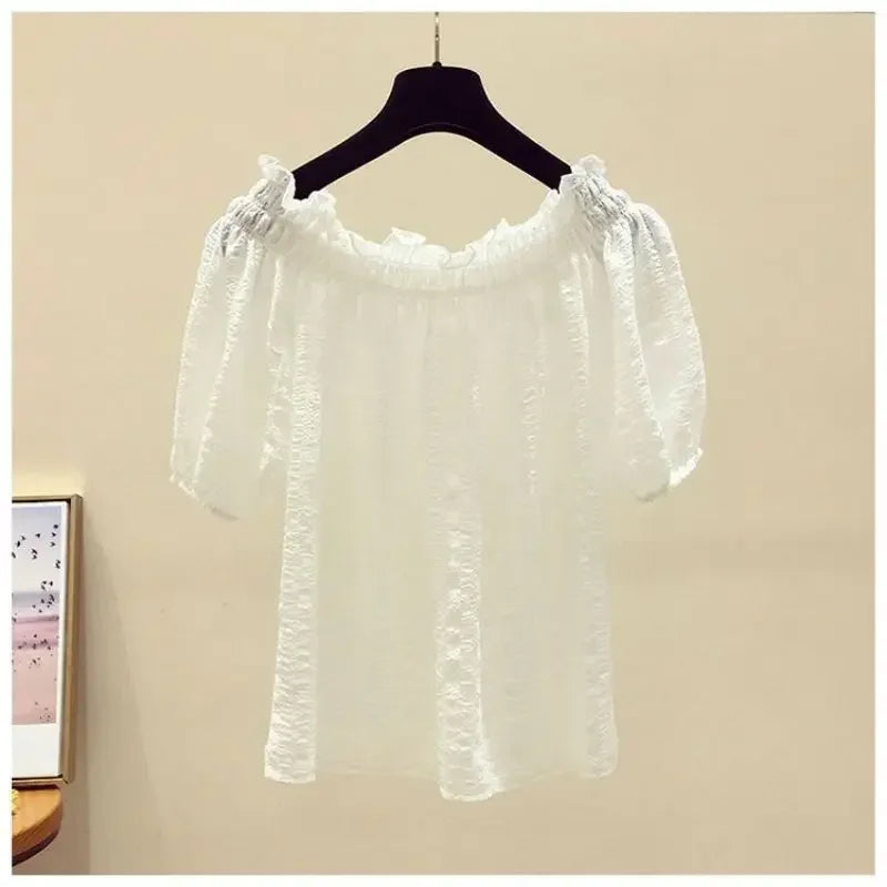 Black casual slash neck puff sleeve chiffon pullover women's blouse shirt female clothing tops fashion short blouses 2025