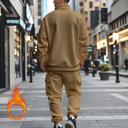 2024 autumn and winter men's casual velvet warm zipper sports trousers set