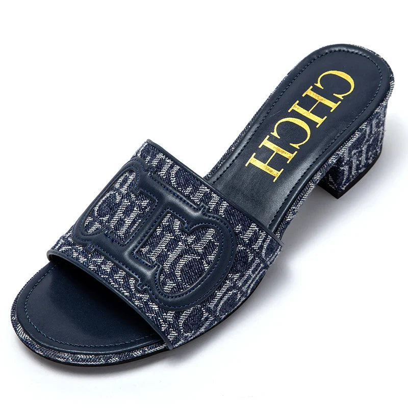 Middle heel square heel slippers fabric fashion casual shoes luxury brand slippers girls street commuter slippers