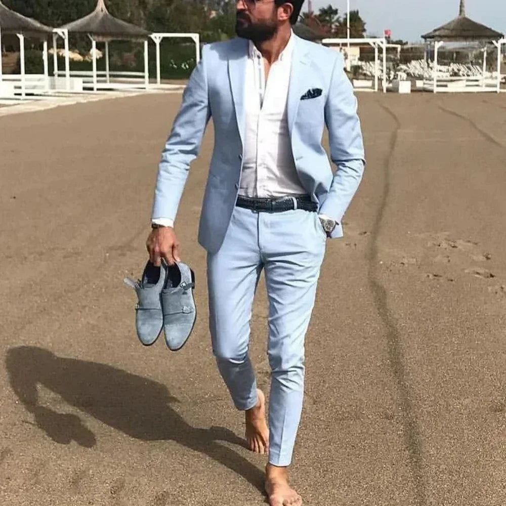 Ternos Masculinos Azul-Celeste2 Peças Traje Homme Verão Praia Lapela Padrinhos Ternos Cor Sólida Masculino Casamento Formatura Ternos Jaqueta+Calça
