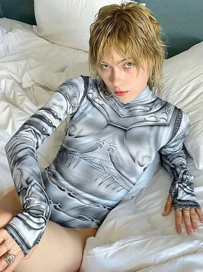 Printed Skinny Sexy Bodysuit Lingerie Gray One-pieces Bustier Long Sleeve Corset Top Streetwear Fashion Trends Women Clothing