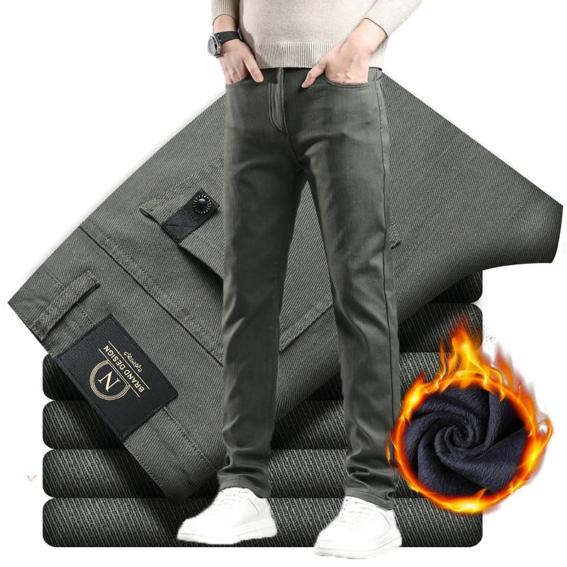 Winter New 2025 Fleece Pants Men's Thick Slim Elastic Business Casual Velvet Pants Warm Fashion Solid Color Plush Trousers Male