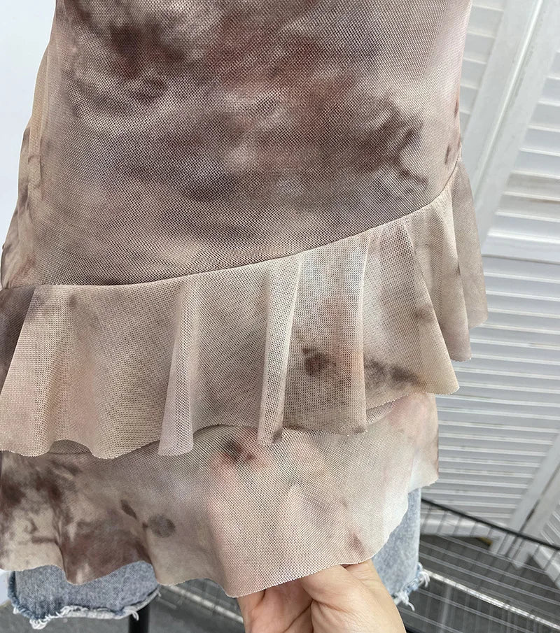 2025 Mesh Camisole for Women Stretch Casual Tie Dyeing Braless Sleeveless Adjustable Straps Asymmetrical Ruffle Tops