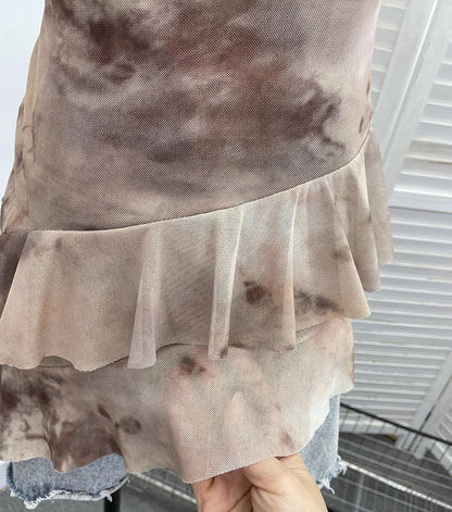 2025 Mesh Camisole for Women Stretch Casual Tie Dyeing Braless Sleeveless Adjustable Straps Asymmetrical Ruffle Tops